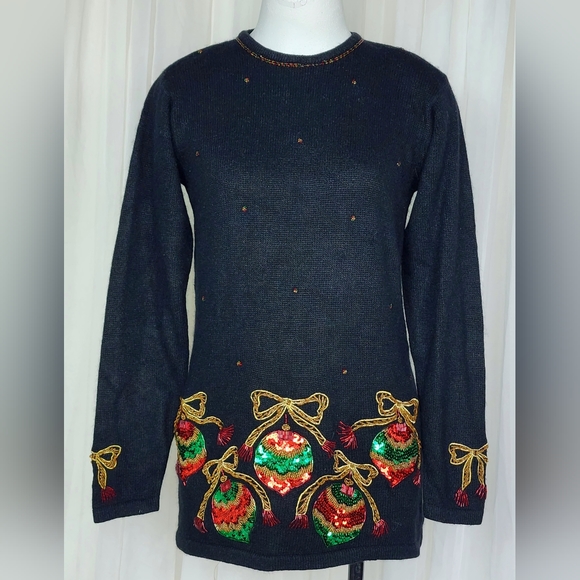 Vintage 80s black beaded sequin Xmas Christmas ornaments novelty sweater S - Picture 1 of 8
